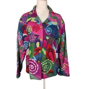 Pushpa Women’s XL Colorful Embellished Button Front Art to Wear Vintage Jacket